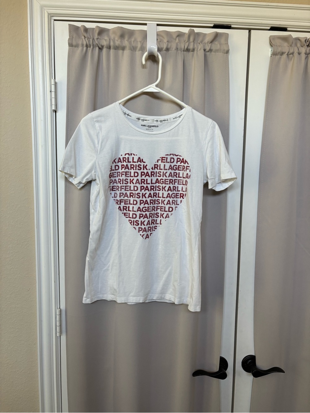 Karl Lagerfeld White Tee with Red Heart Text Graphic and rhinestones